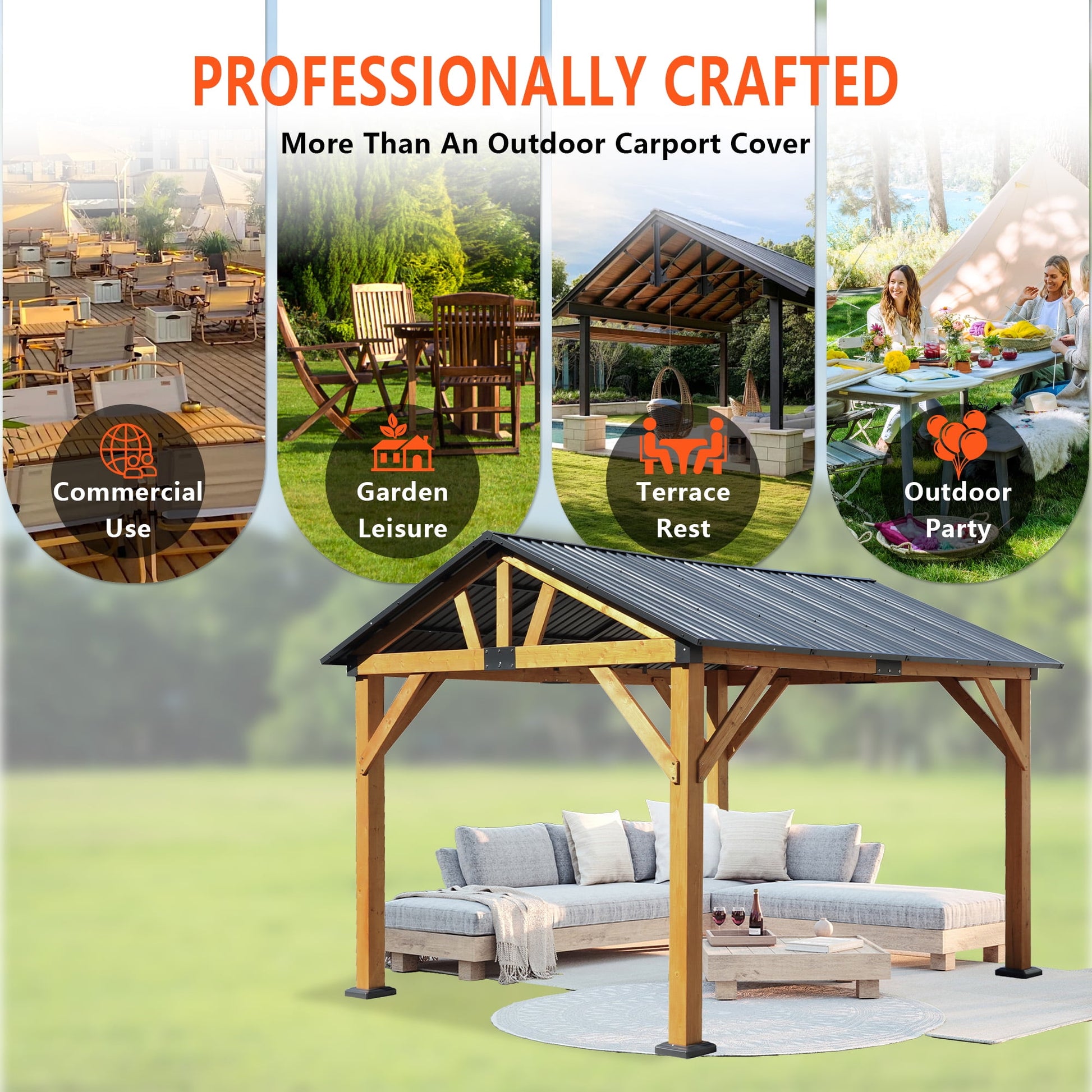 Homefun Fir Wood Carport Pavilion All Weather Hardtop Galvanized Steel Roof Heavy Duty Gazebo Backyard Patio Garden Shelter