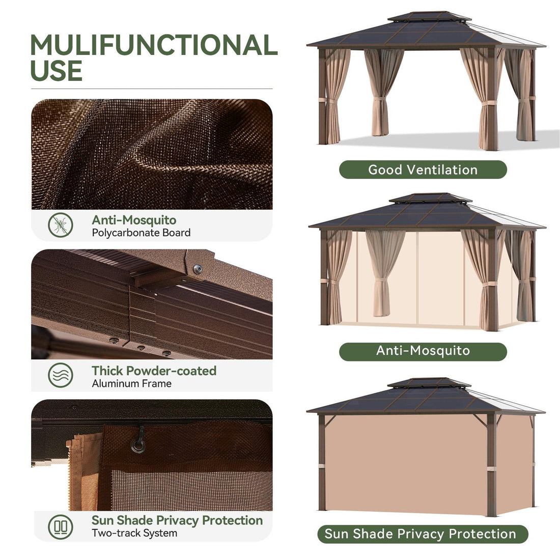 Mazonvintage 10 ft. x 12 ft. Hardtop Gazebo, Double Polycarbonate Roof Aluminum Frame Gazebo W/Curtain and Netting, Brown