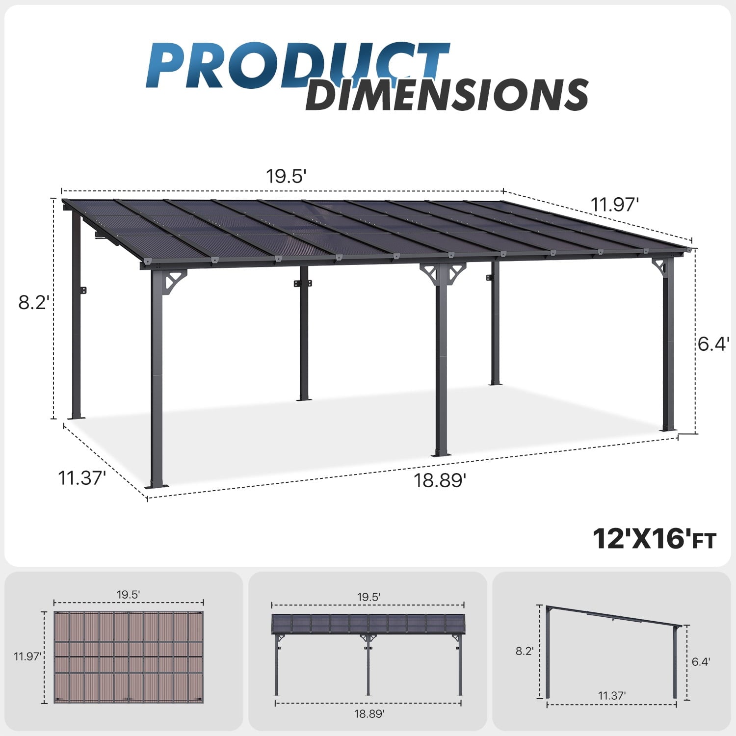 Mazonvintage 12'x20' Gazebo for Patio, Gazebo Pergola with Sloped Roof, Large Wall-Mounted Heavy Duty Awnings, for Patio, Deck and Mazonvintage