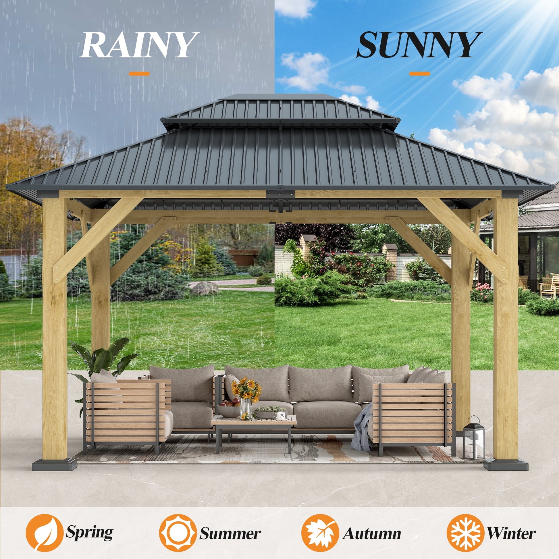 Mazonvintage 10 x 12 ft. Outdoor Wooden Mazonvintage Gazebo, Galvanized Steel Double Roof Gazebo for Patio, Mazonvintage, Deck, Lawns