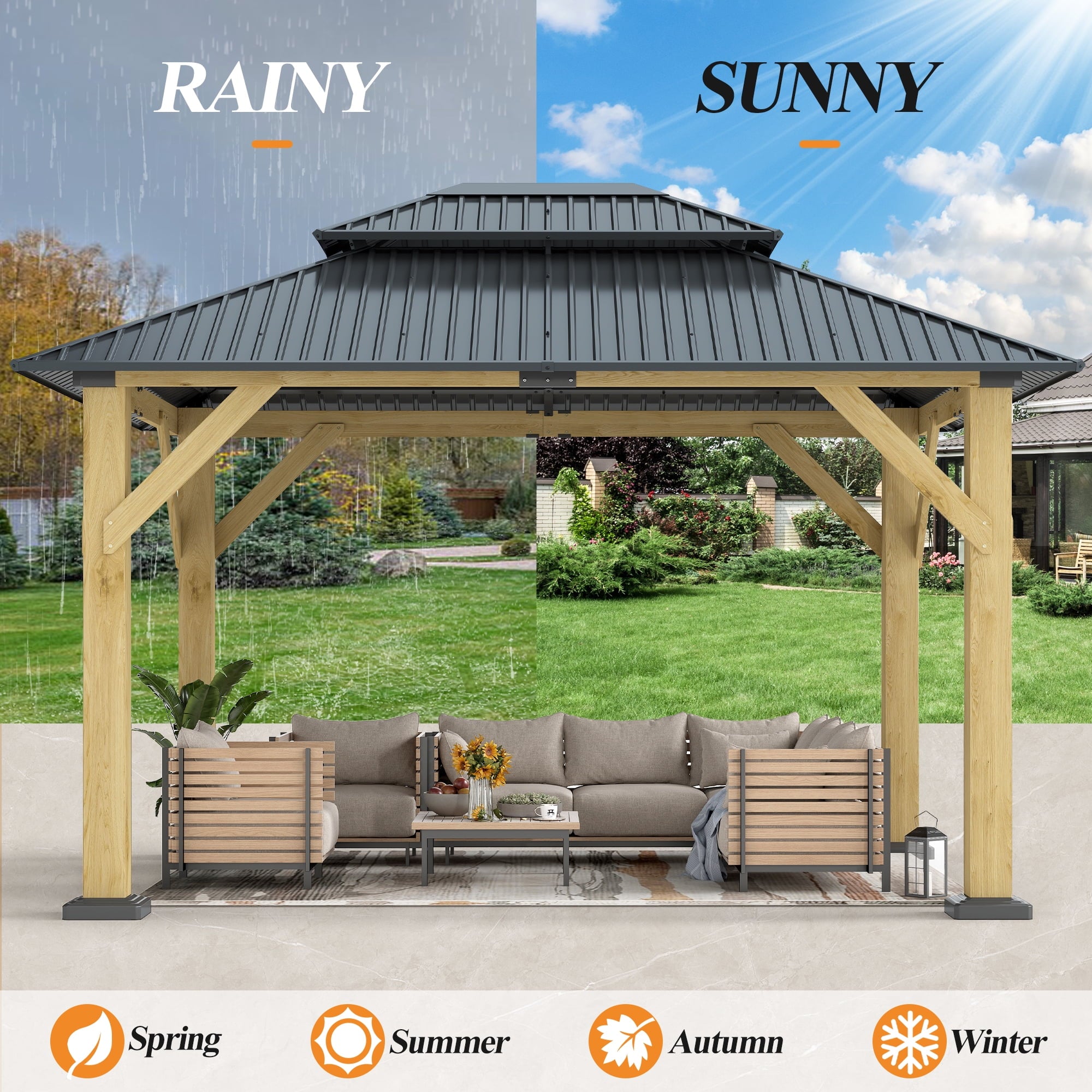 Mazonvintage 10 x 12 ft. Outdoor Wooden Mazonvintage Gazebo, Galvanized Steel Double Roof Gazebo for Patio, Mazonvintage, Deck, Lawns