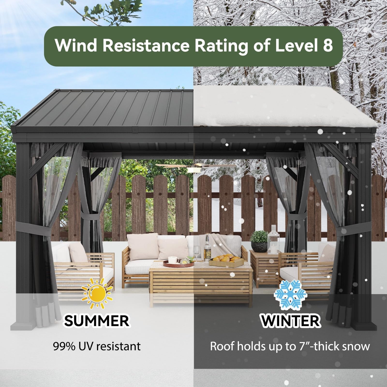 Mazonvintage 10' X 12' Hardtop Gazebo, Aluminum Outdoor Gazebo with Galvanized Steel Gable Roof Canopy, Patio Permanent Metal Gazebo Pavilion with Netting, for Garden, Backyard, Deck
