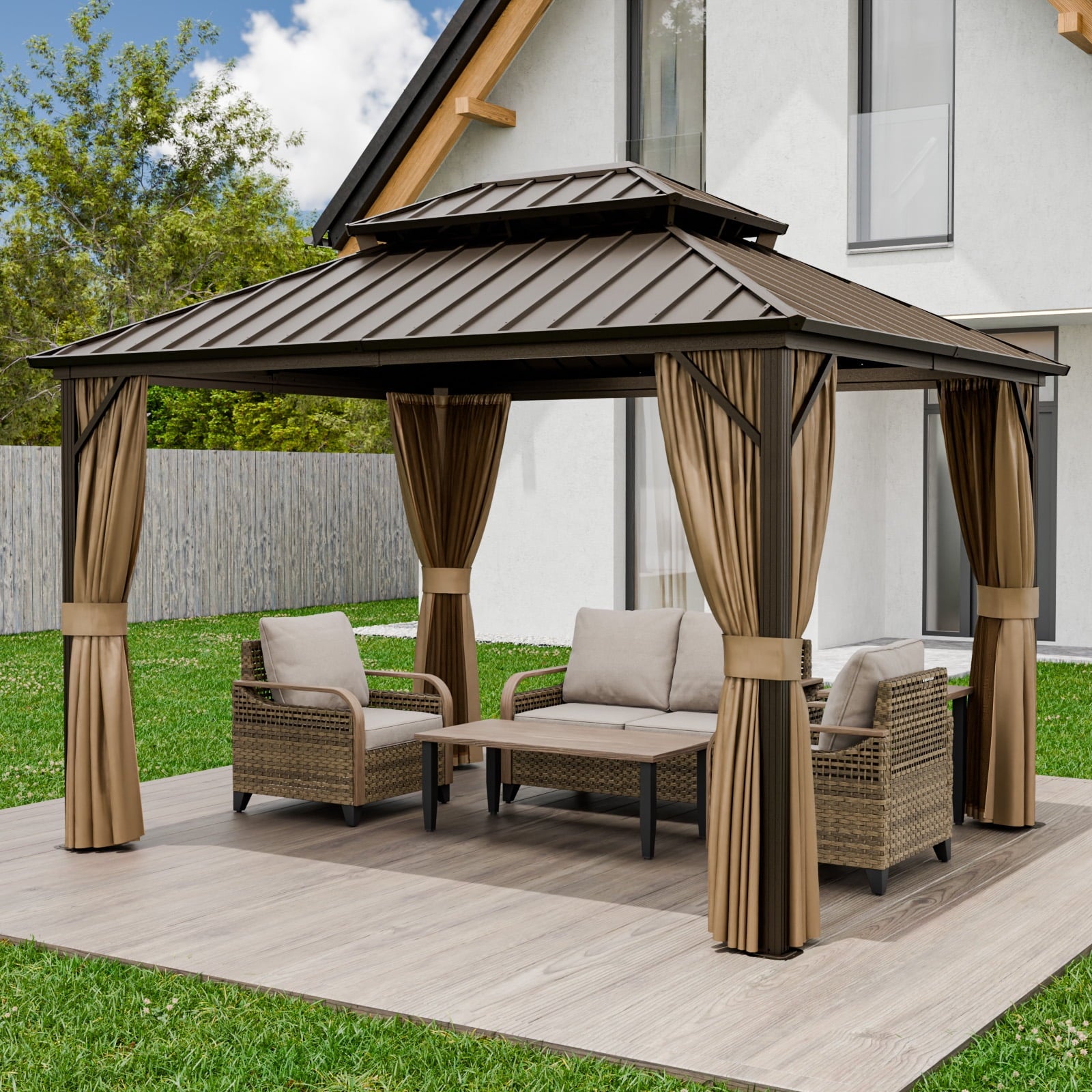 Mazonvintage PEAK 10'x 12' Outdoor Patio Hardtop Gazebo with Aluminum Frame, Galvanized Steel Double Roof with Netting and Curtains for Garden, Yard, Lawns, Brown