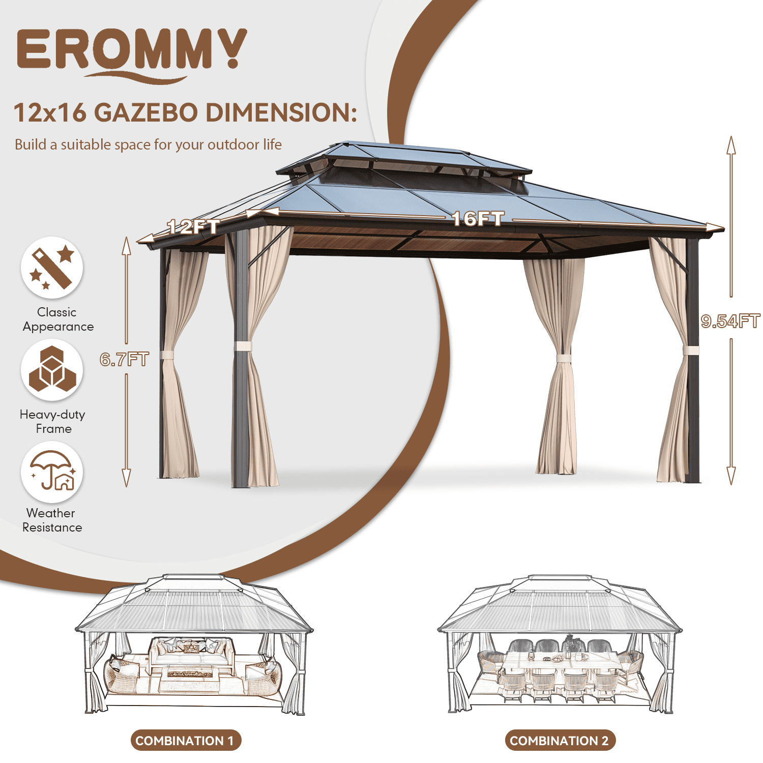 Mazonvintage 12'x16' Outdoor Polycarbonate Double Roof Mazonvintage Gazebo Canopy Curtains Aluminum Frame with Netting for Garden,Patio