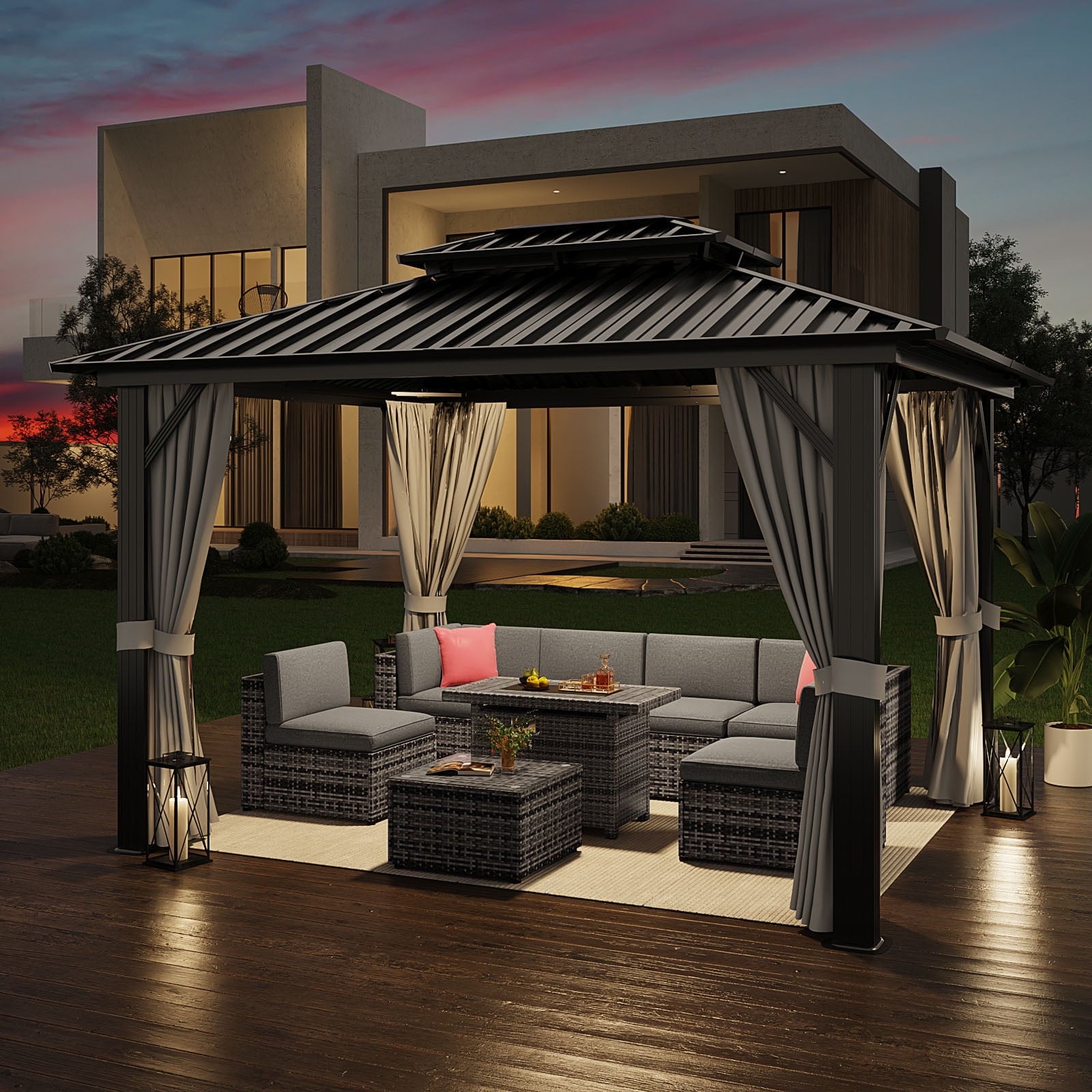 Mazonvintage 10'x12' Hardtop Gazebo, Outdoor Steel Double Roof Canopy, Aluminum Frame Permanent Pavilion with Curtains and Netting, Sunshade for Garden, Patio, Lawns, Black