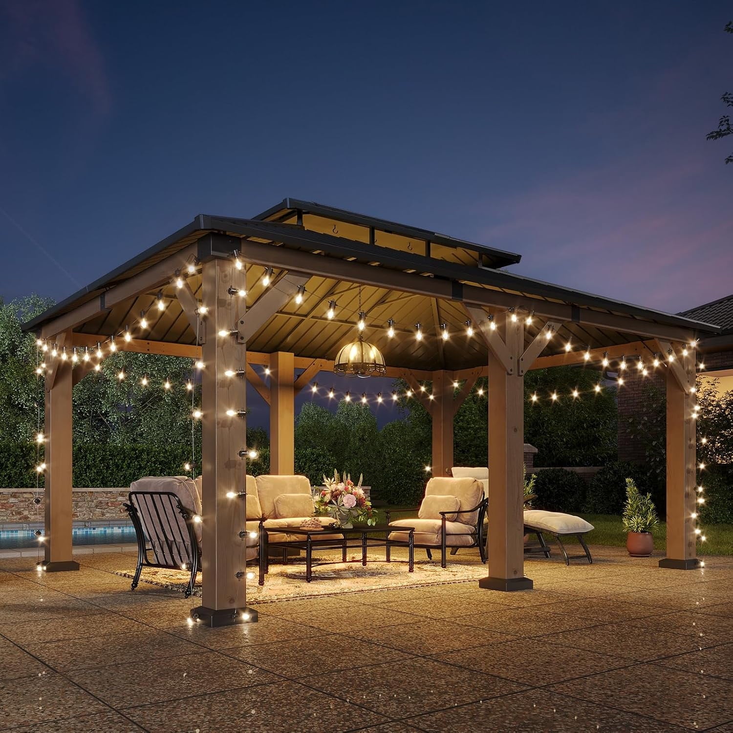 Mazonvintage 12' x 16' Outdoor Wood Gazebo, Hardtop Gazebo Permanent Wooden Pavilion with Galvanized Steel Double Roof, for Patio, Garden, Backyard, Cedar Wood