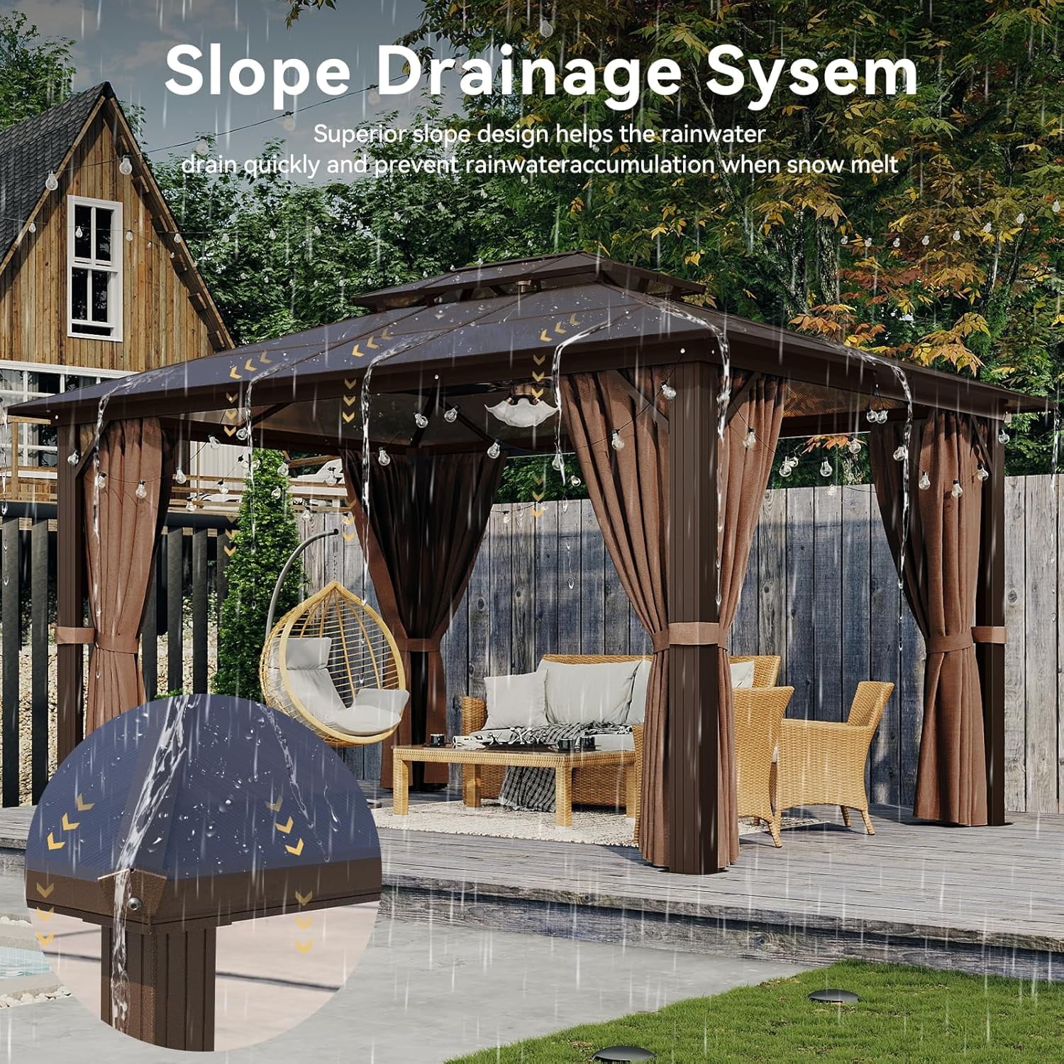 Mazonvintage 10'x13' Hardtop Gazebo, Aluminum Frame Permanent Pavilion with Curtains and Netting, Outdoor Polycarbonate Gazebo, Double Roof Canopy, for Gardens, Patios, Lawns