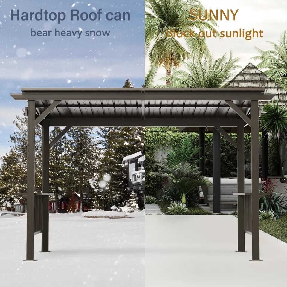 Mazonvintage 6.5x12FT Hardtop Grill Gazebo, Outdoor BBQ Shelter with 2 Side Shelves, Sloping Steel Roof, Permanent Sun Shade & Ceiling Hooks for Patio, Deck, Yard, Garden (Brown)
