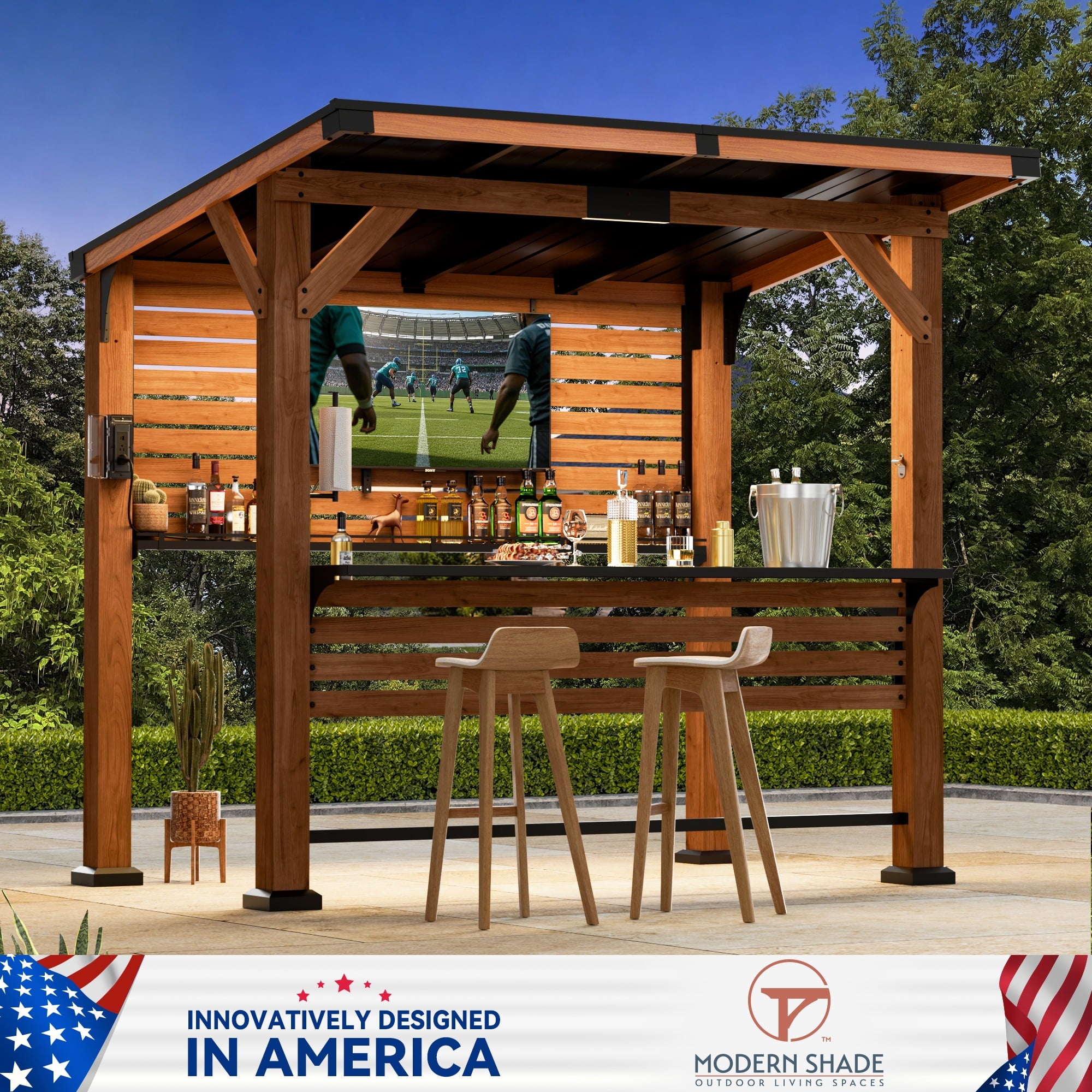 Mazonvintage Shade Cedar Wood Entertainment Gazebo with Mazonvintage Roof, Grill Bar Center, Shelves, TV Mount & Power Strip for Patio or Garden