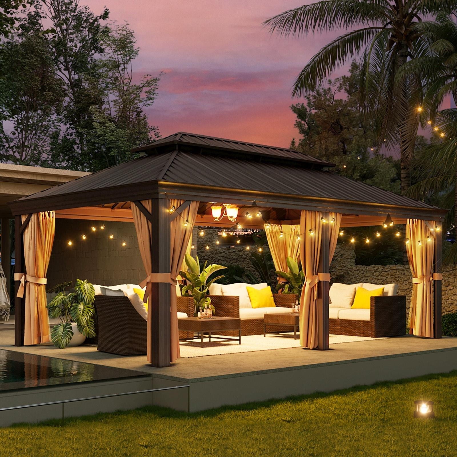 Mazonvintage 12 ft. x 20 ft. Outdoor Hardtop Gazebo, Galvanized Steel Double Roof Gazebo with Curtain and Netting