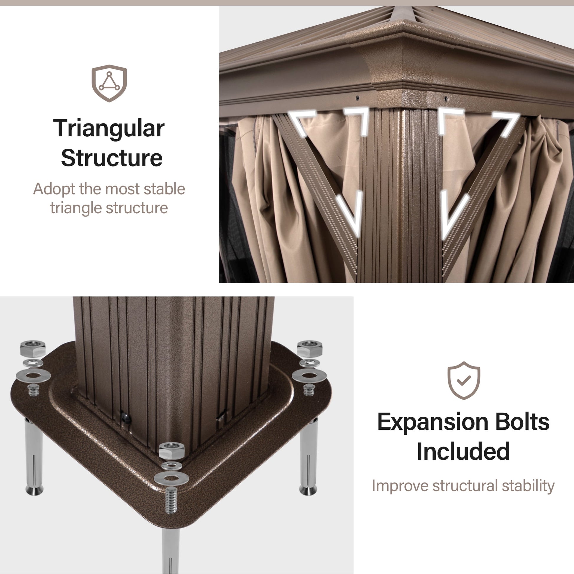 Mazonvintage HOME 12' x 16' Hardtop Patio Gazebo, 2-Tier Permanent Aluminum Hardtop with Mosquito Netting and Privacy Curtain, Brown