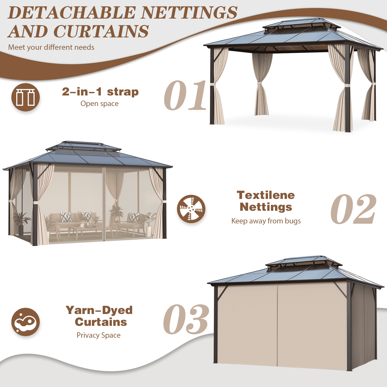Mazonvintage 12'x16' Outdoor Polycarbonate Double Roof Mazonvintage Gazebo Canopy Curtains Aluminum Frame with Netting for Garden,Patio
