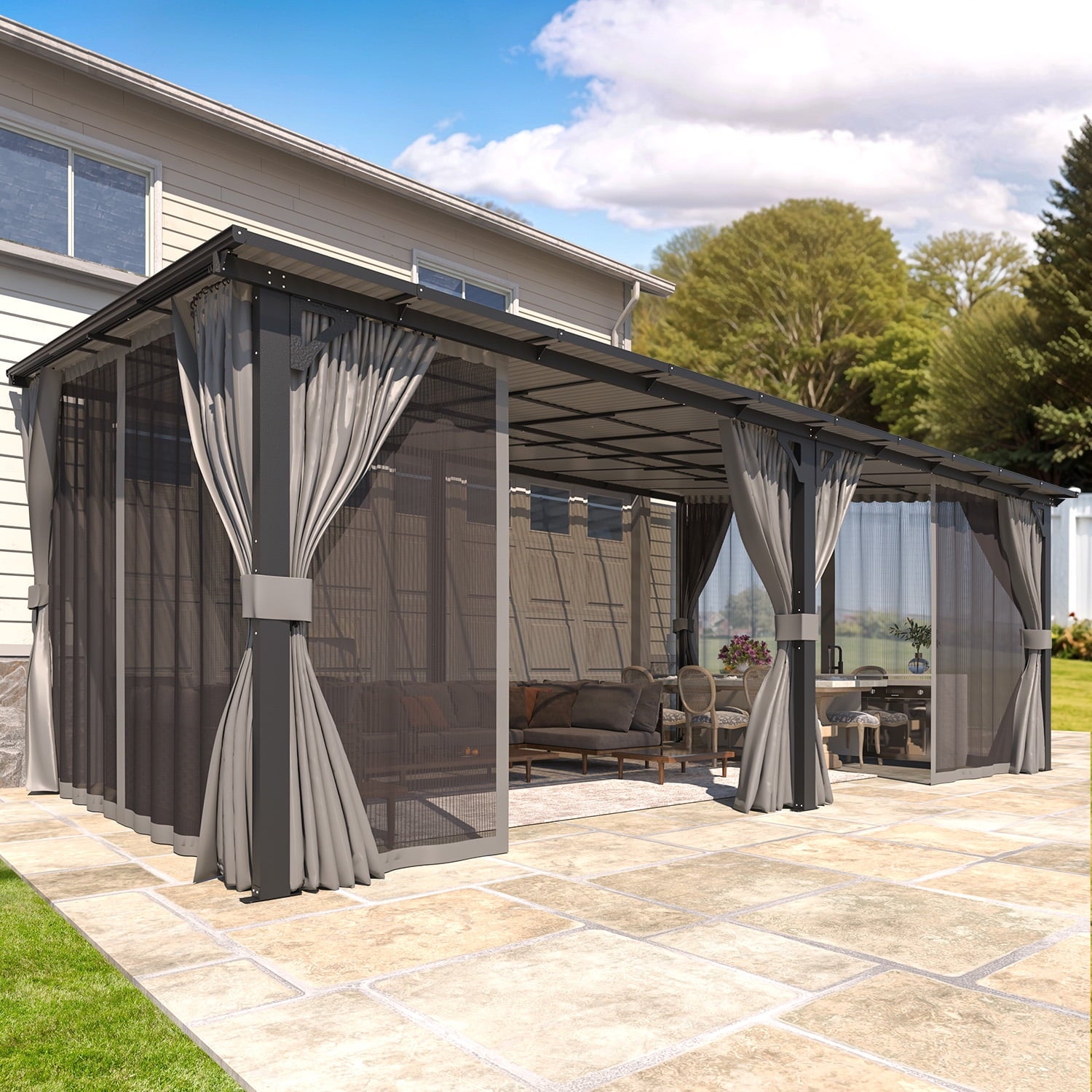 Mazonvintage 20' x 12' Lean to Gazebo with Netting and Curtain Outdoor Mazonvintage Gazebo Aluminum Metal Pergola ​For Garden, Patio, Mazonvintage-​Dark ​Gray