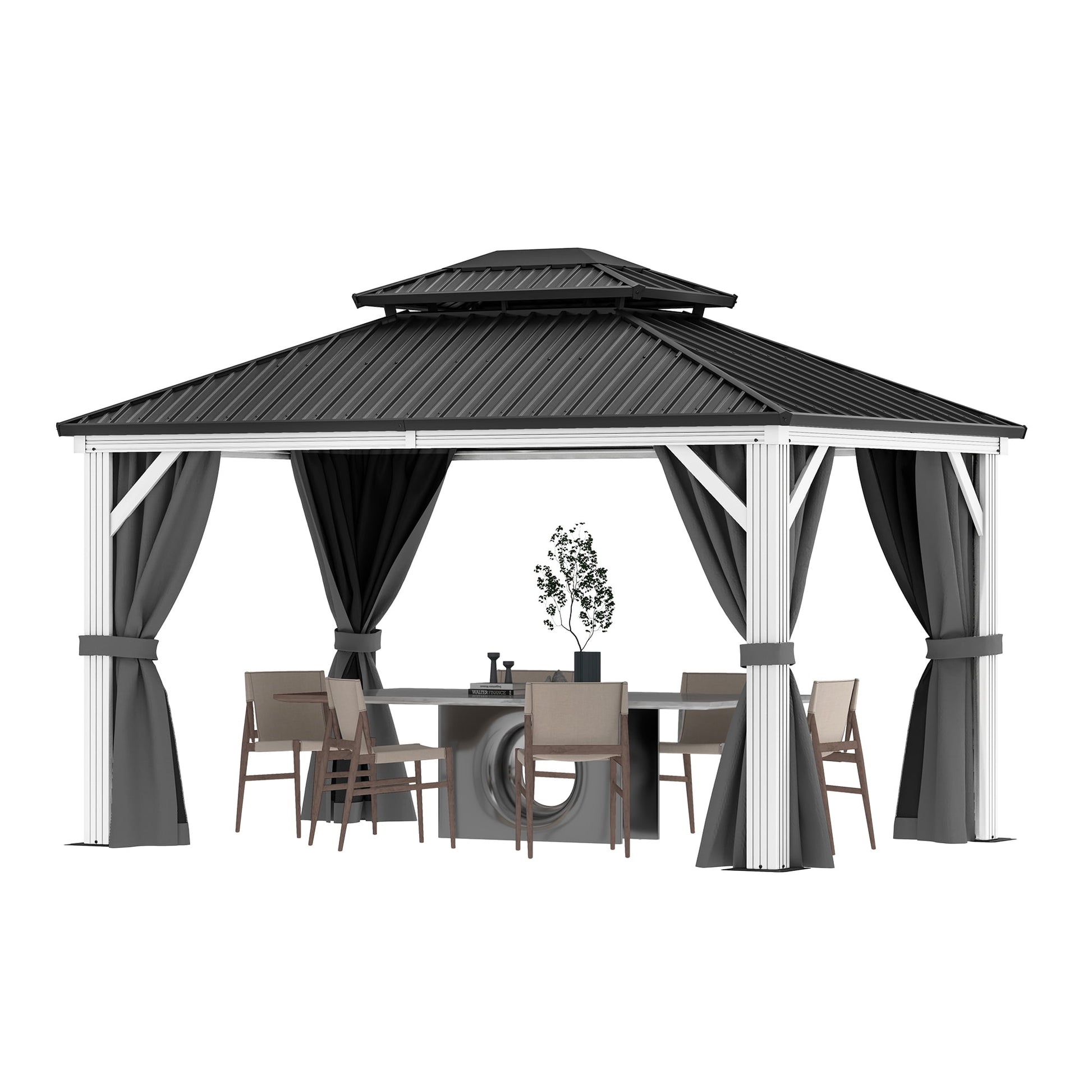 Mazonvintage 10x12 FT Outdoor Hardtop Gazebo,Double Roof Canopy, Aluminum Frame Patio Gazebo with Netting & Gray Curtains, Sunshade for Garden, Patio, Lawns, White&Gray